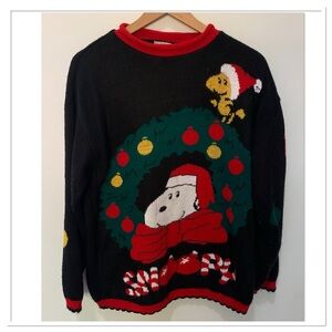Snoopy & Friends Vintage Christmas Sweater Made In USA Black Red Size Large